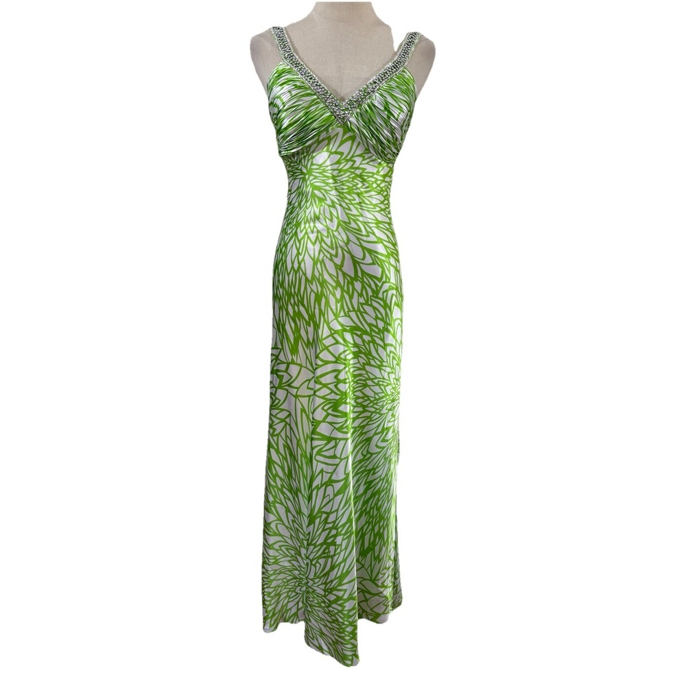 Y2K Morgan & Co Green White Gown Sz 3/4 Beaded Backless‎ Prom Formal Twee Punk